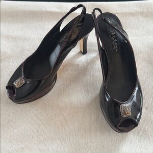 Brighton Welch Peep-Toe Slingback Heels Patent Leather Swarovski Crystal 7N